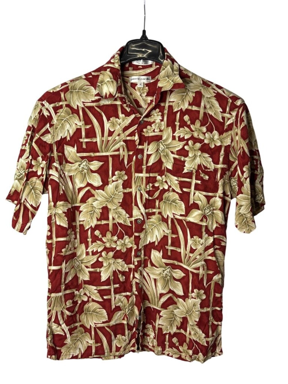Pierre Cardin Mens Button Front Hawaiian Shirt M Y2K Floral Leaves Bamboo Rayon